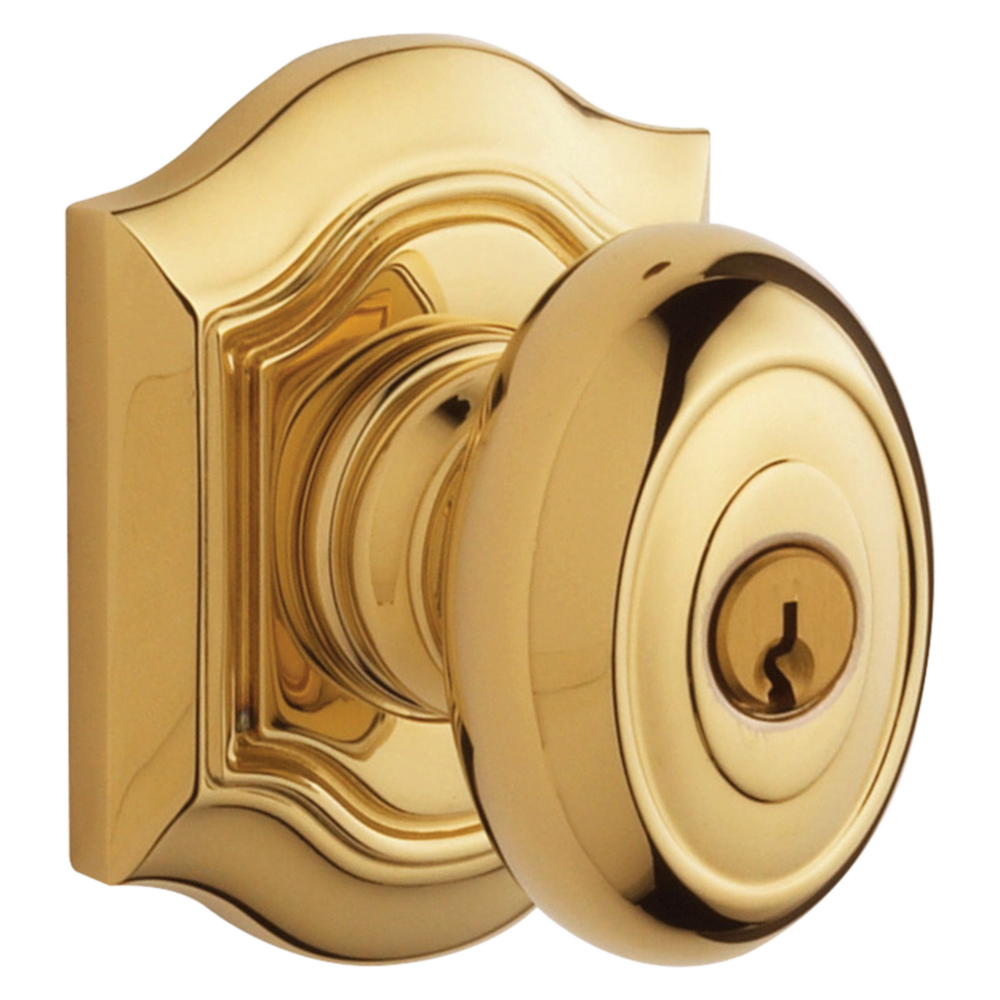 Baldwin Keyed Bethpage Knob Set with Bethpage Rose Lifetime (PVD) Polished Brass / Entry / Reversible
