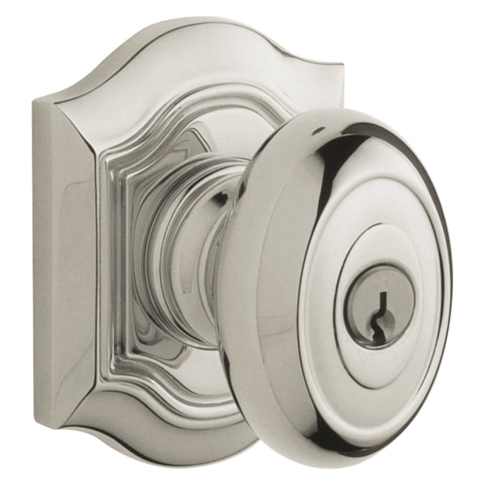 Baldwin Keyed Bethpage Knob Set with Bethpage Rose Lifetime (PVD) Polished Nickel / Entry / Reversible