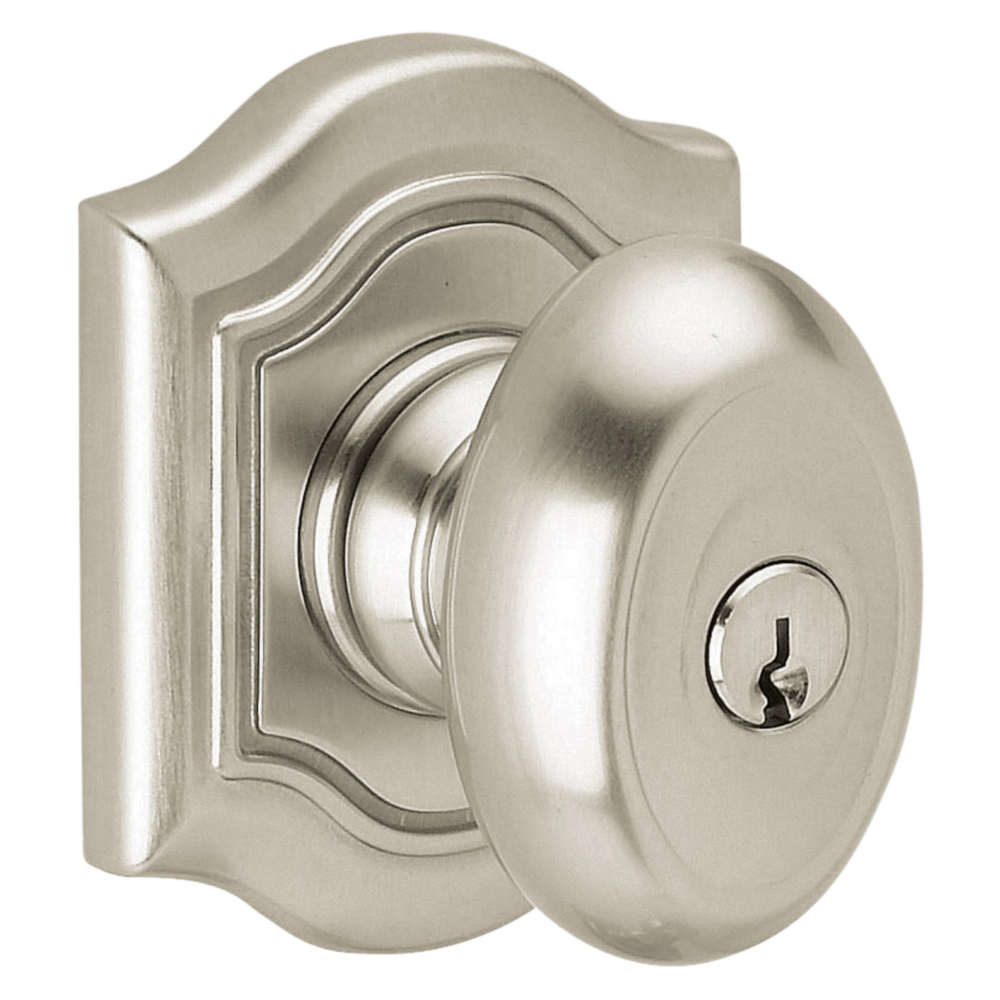 Baldwin Keyed Bethpage Knob Set with Bethpage Rose Lifetime (PVD) Satin Nickel / Entry / Reversible