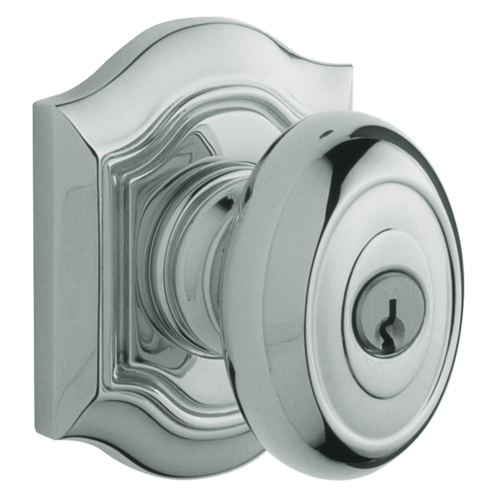 Baldwin Keyed Bethpage Knob Set with Bethpage Rose Polished Chrome / Entry / Reversible