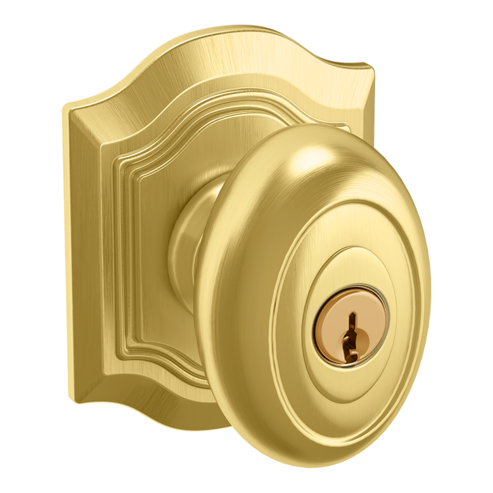 Baldwin Keyed Bethpage Knob Set with Bethpage Rose Lifetime (PVD) Satin Brass / Entry / Reversible