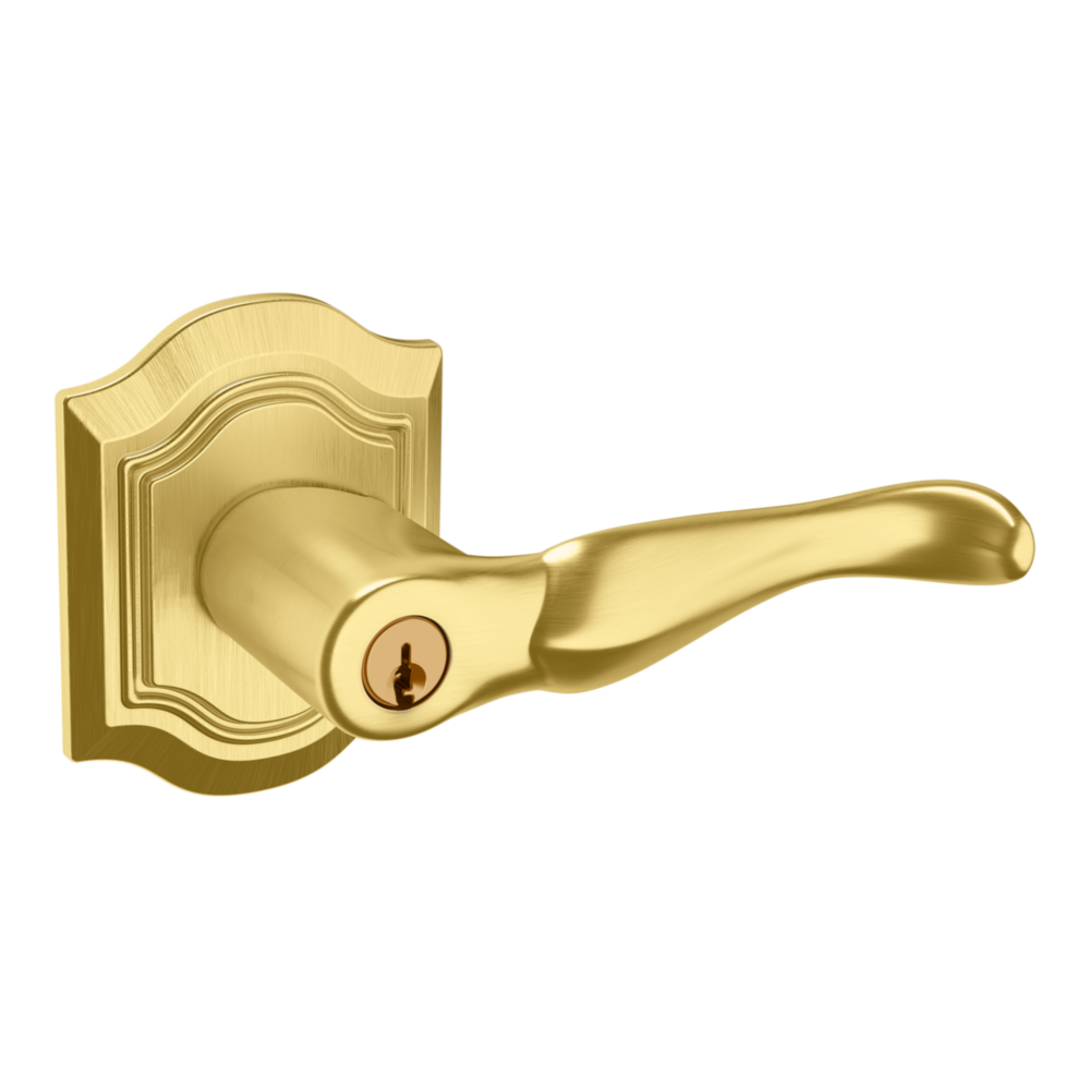 Baldwin Keyed Bethpage Lever Set with Bethpage Rose Lifetime (PVD) Satin Brass / Entry / Reversible