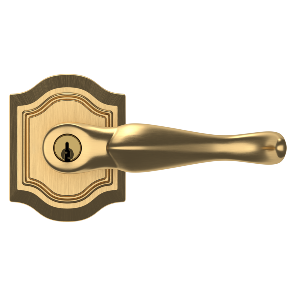 Baldwin Keyed Bethpage Lever Set with Bethpage Rose Lifetime (PVD) Satin Brass / Entry / Reversible