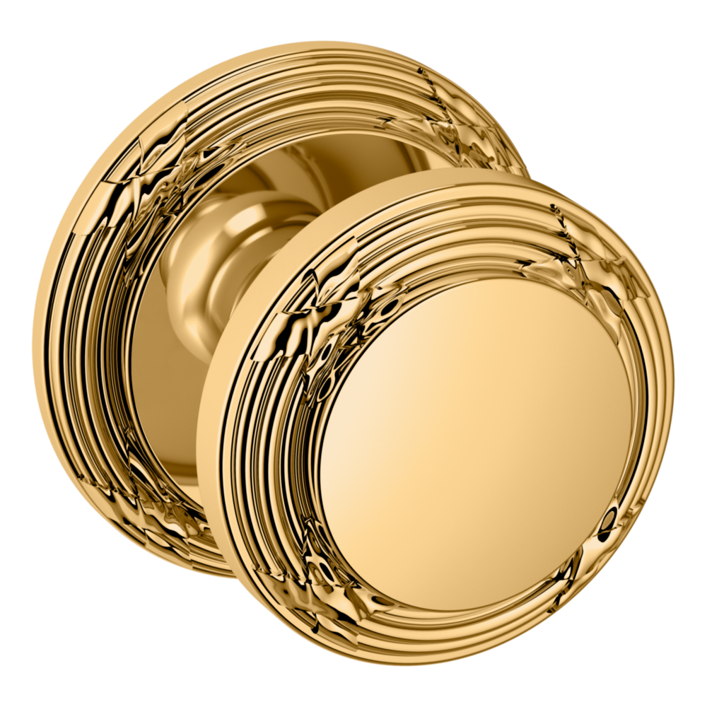 Baldwin 5013 Edinburgh Knob Set with 5021 Round Rose Lifetime (PVD) Polished Brass / Passage / Reversible