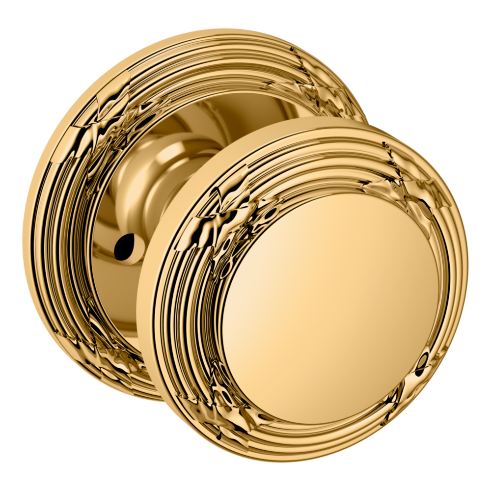 Baldwin 5013 Edinburgh Knob Set with 5021 Round Rose Lifetime (PVD) Polished Brass / Privacy / Reversible