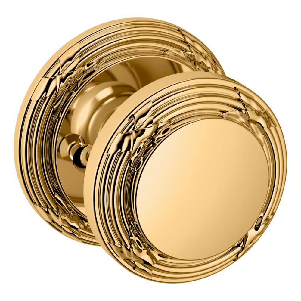 Baldwin 5013 Edinburgh Knob Set with 5021 Round Rose Lifetime (PVD) Polished Brass / Privacy / Reversible