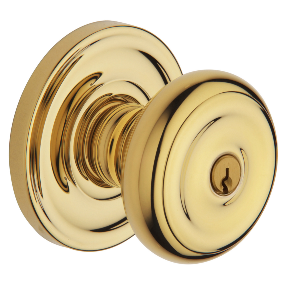 Baldwin Keyed Colonial Knob Set with Classic Rose Lifetime (PVD) Polished Brass / Entry / Reversible