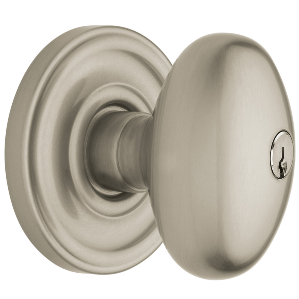 Baldwin Keyed Egg Knob Set with Classic Rose Lifetime (PVD) Satin Nickel / Entry / Reversible