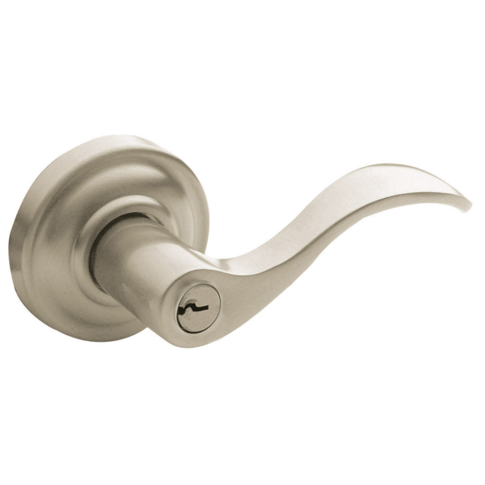 Baldwin Keyed Wave Lever Set with Classic Rose Lifetime (PVD) Satin Nickel / Entry / Reversible