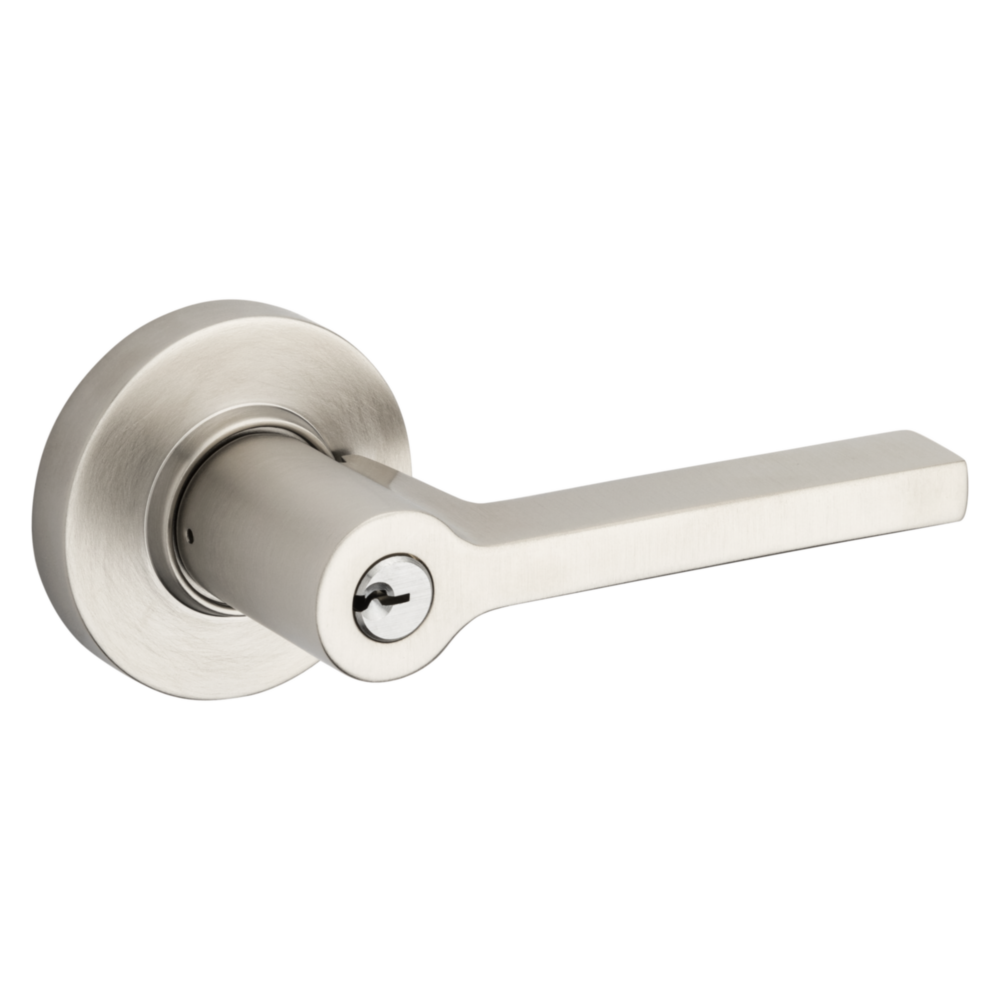 Baldwin Keyed Square Lever Set with Round Rose Lifetime (PVD) Satin Nickel / Entry / Reversible