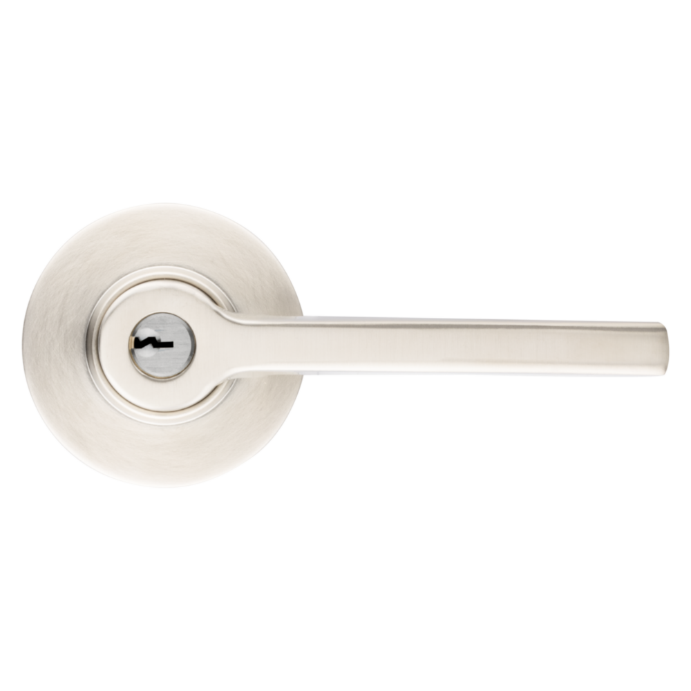 Baldwin Keyed Square Lever Set with Round Rose Lifetime (PVD) Satin Nickel / Entry / Reversible