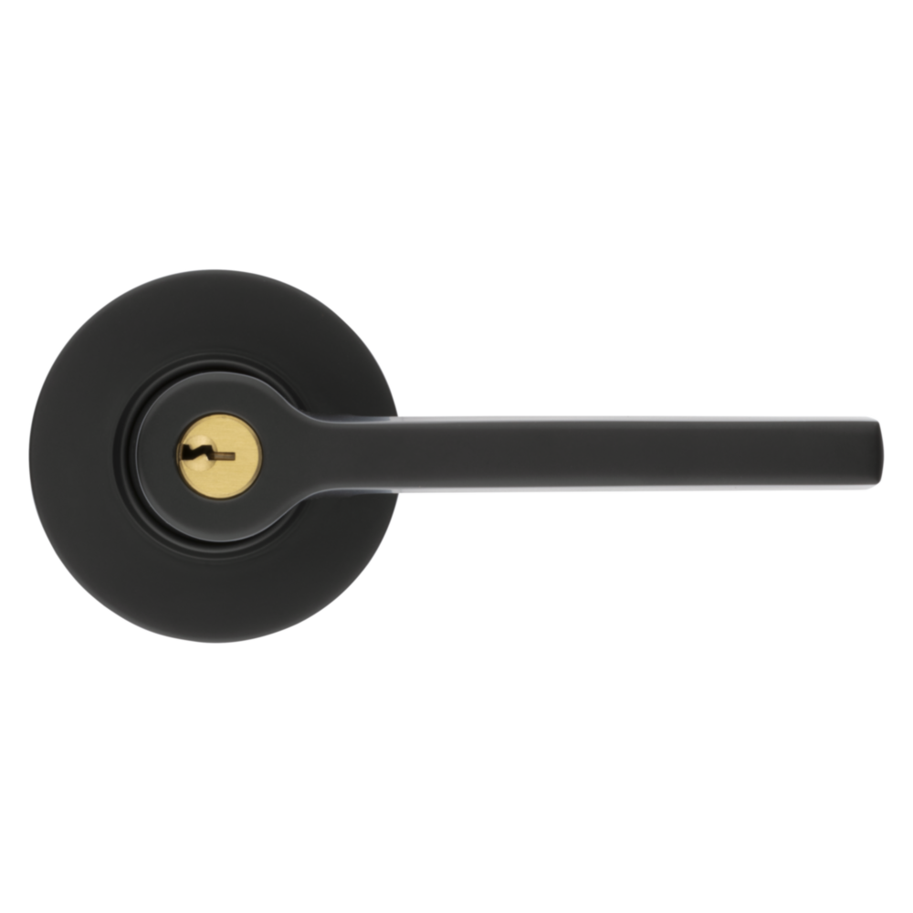 Baldwin Keyed Square Lever Set with Round Rose Satin Black / Entry / Reversible