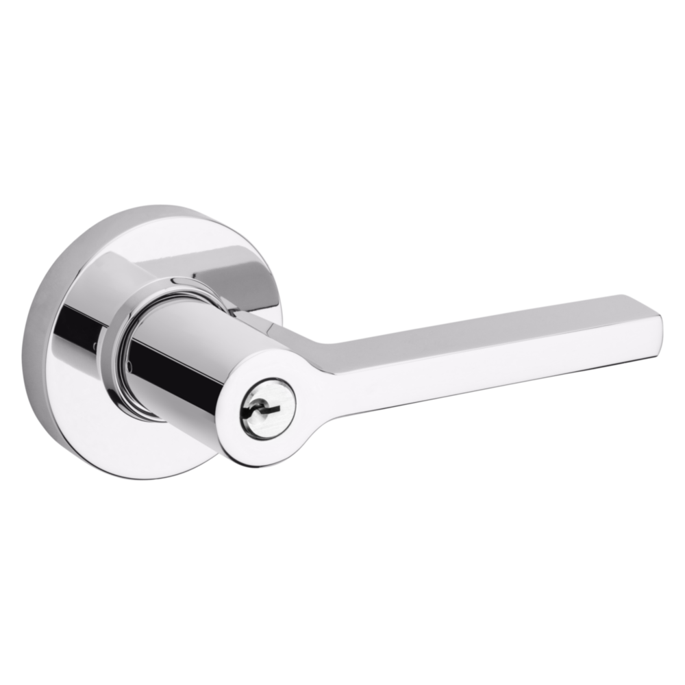 Baldwin Keyed Square Lever Set with Round Rose Polished Chrome / Entry / Reversible