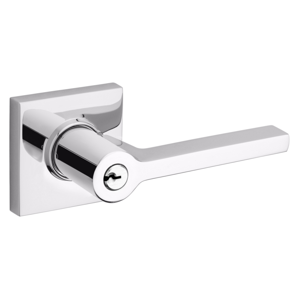 Baldwin Keyed Square Lever Set with Square Rose Polished Chrome / Entry / Reversible