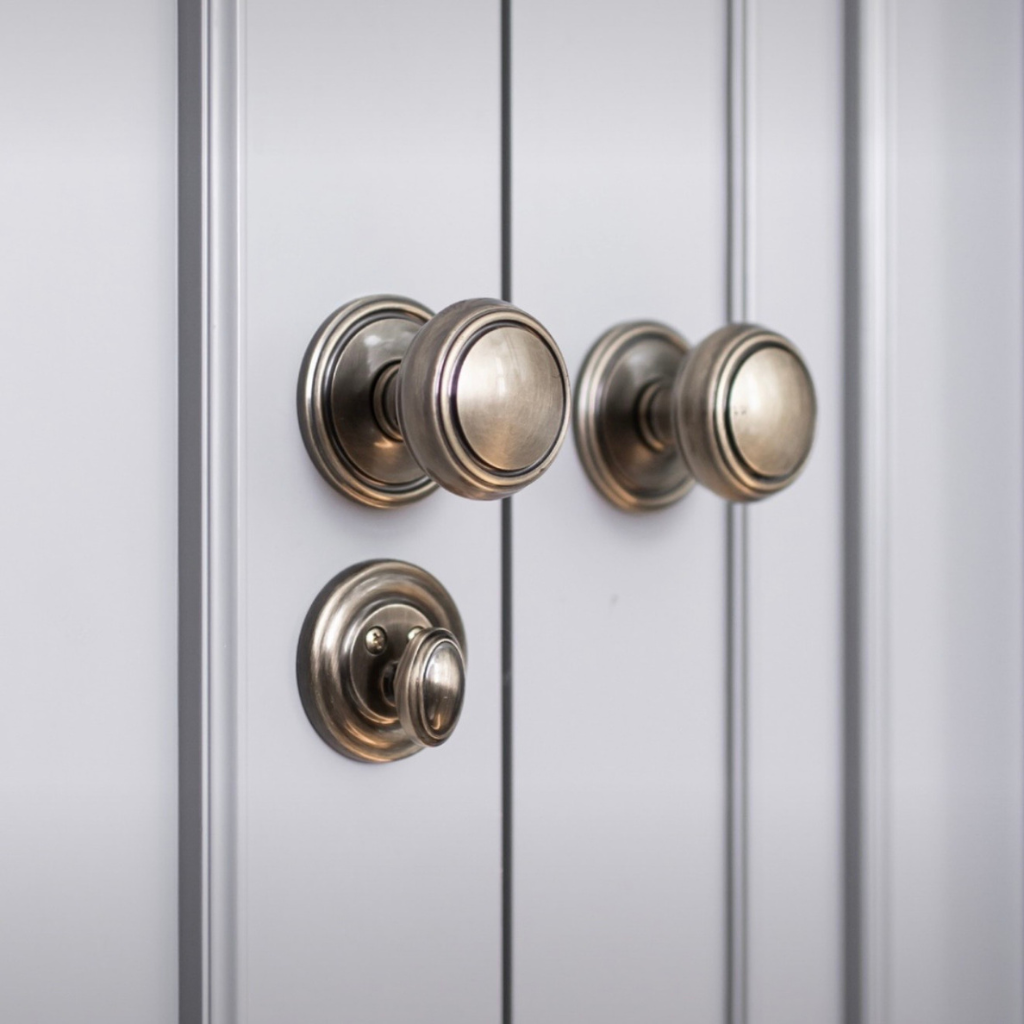 Three round door knobs in a brushed brass or bronze finish mounted on a white paneled door.