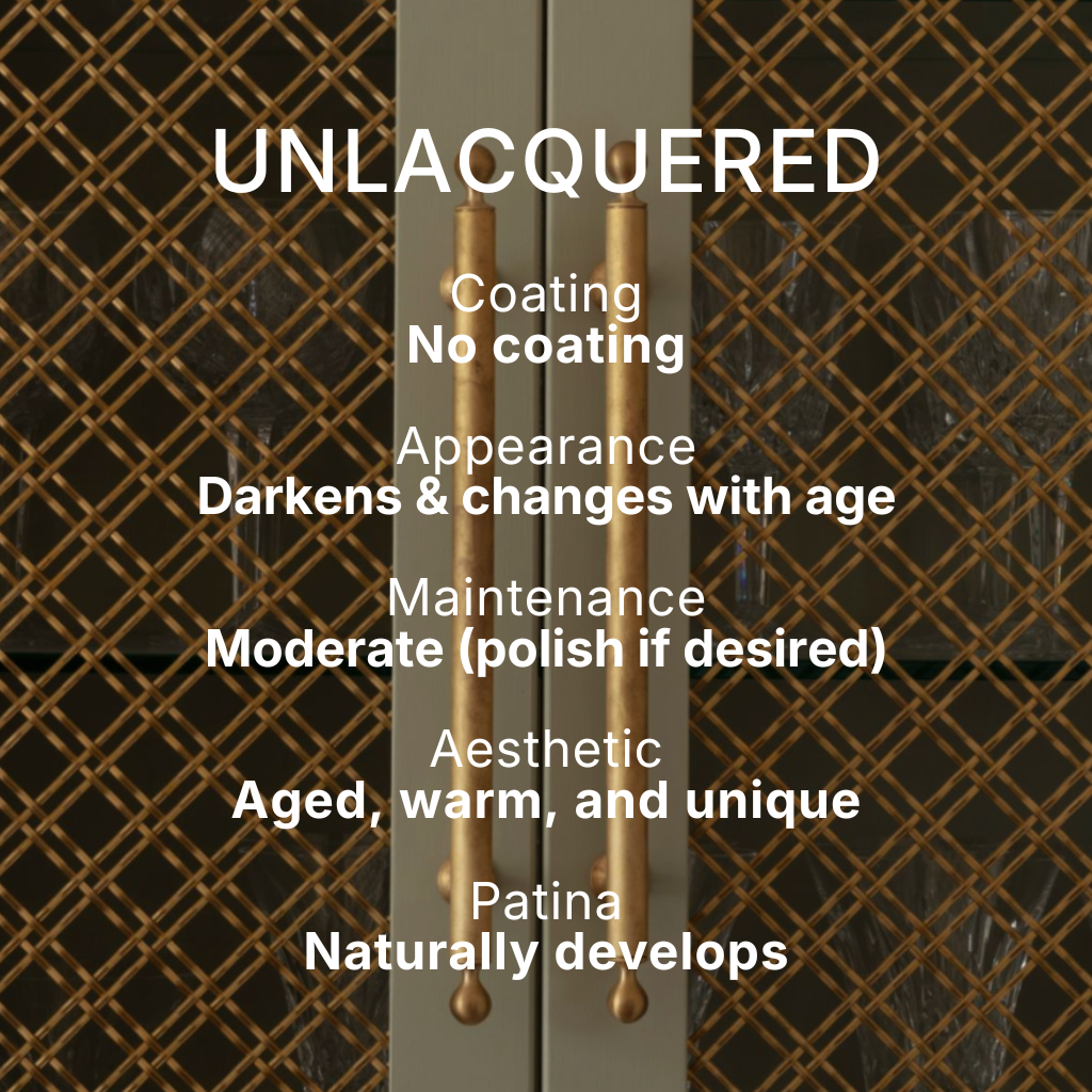 Text overlay describing the characteristics of an unlacquered finish on double doors with vertical gold handles, set against a dark brown lattice-patterned background.