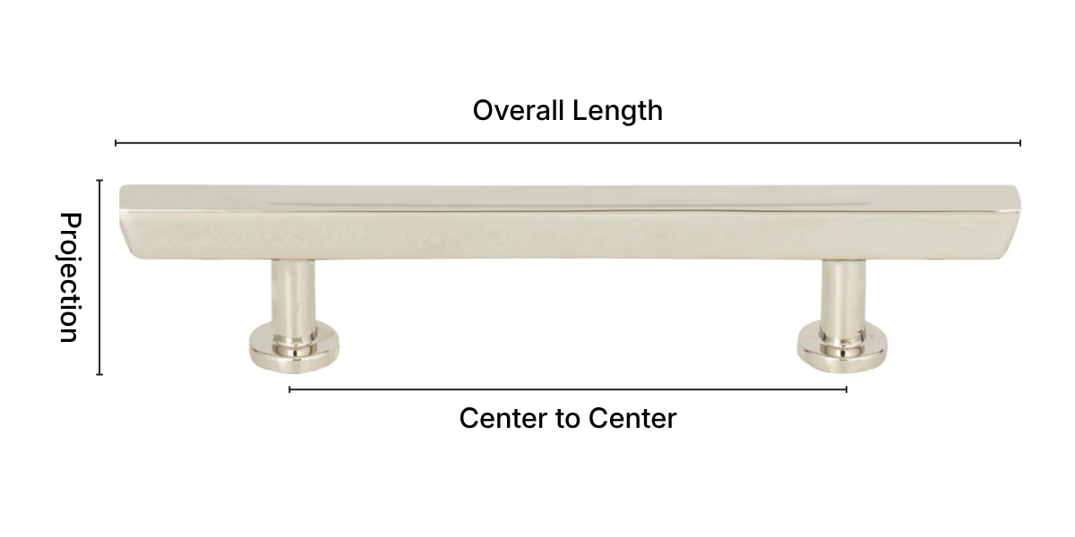 A brushed metal cabinet pull handle shown with dimension labels, including Overall Length, Projection, and Center to Center, on a plain white background.
