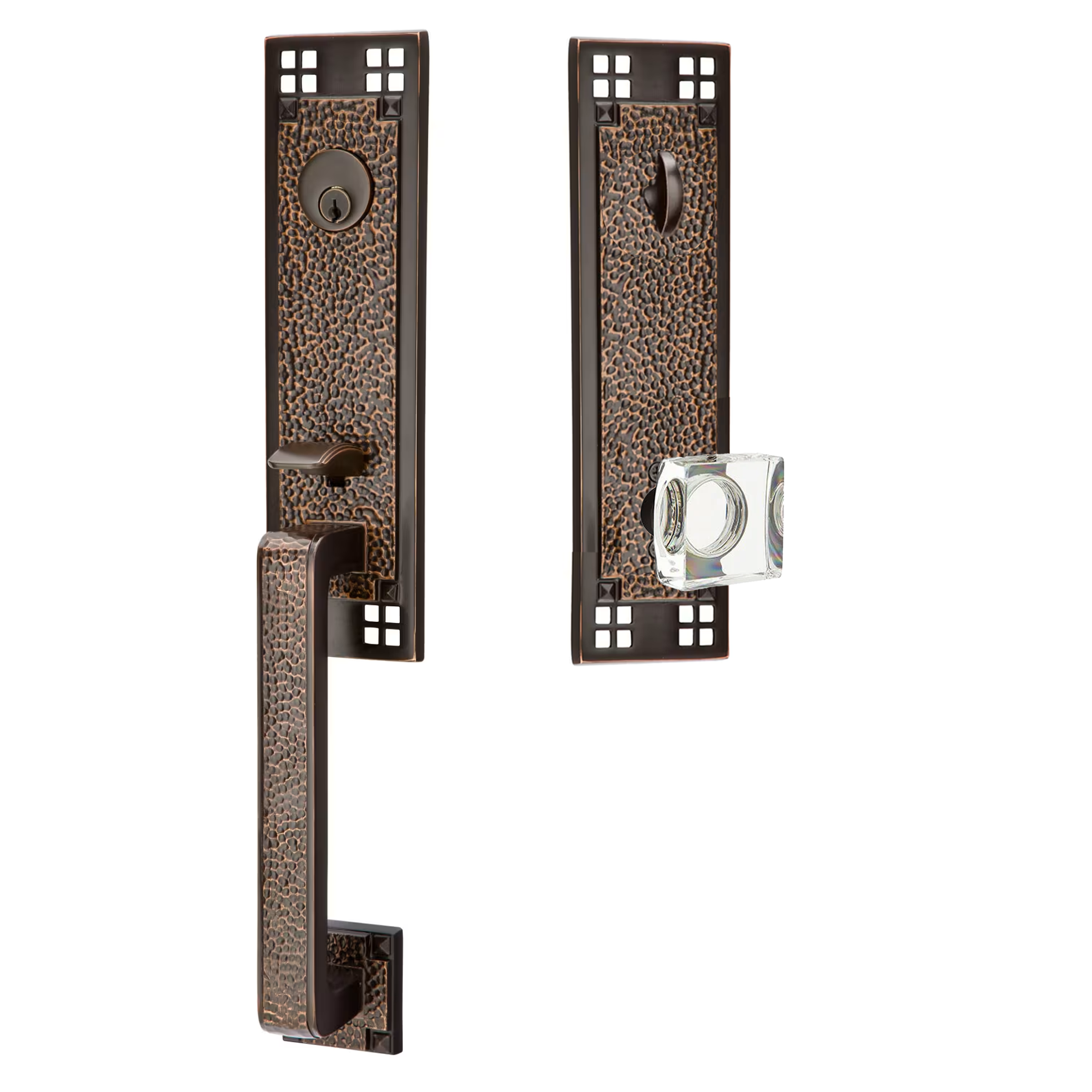 Emtek Arts & Crafts Tubular Entryset Monolithic with Modern Square Glass Knob