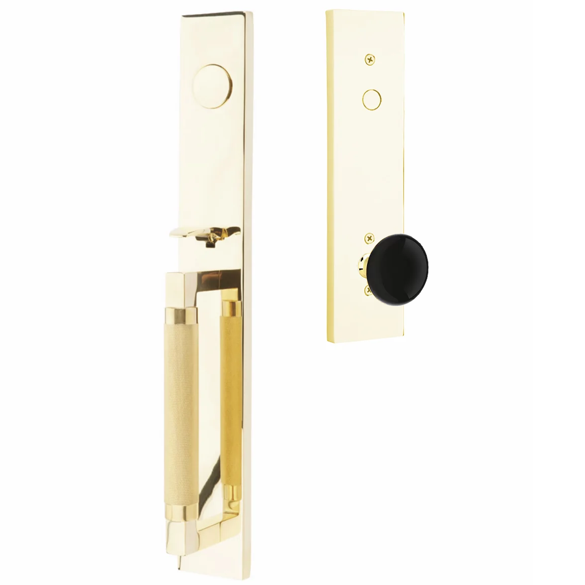 Emtek Hercules Knurled Tubular Entry Set Full Length with Ebony Porcelain Knob