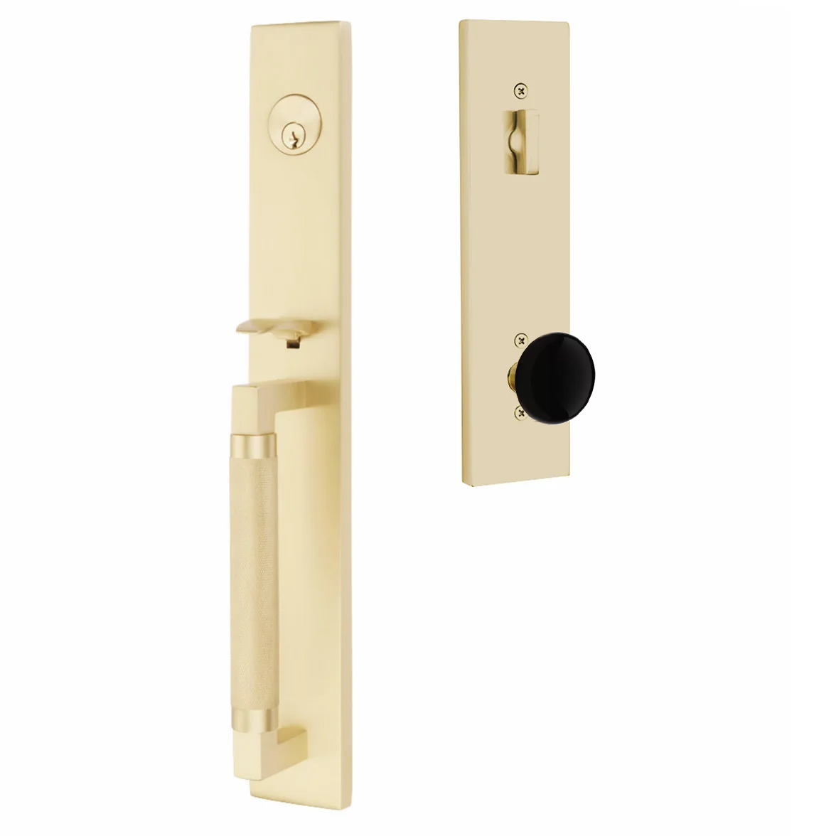 Emtek Hercules Knurled Tubular Entry Set Full Length with Ebony Porcelain Knob