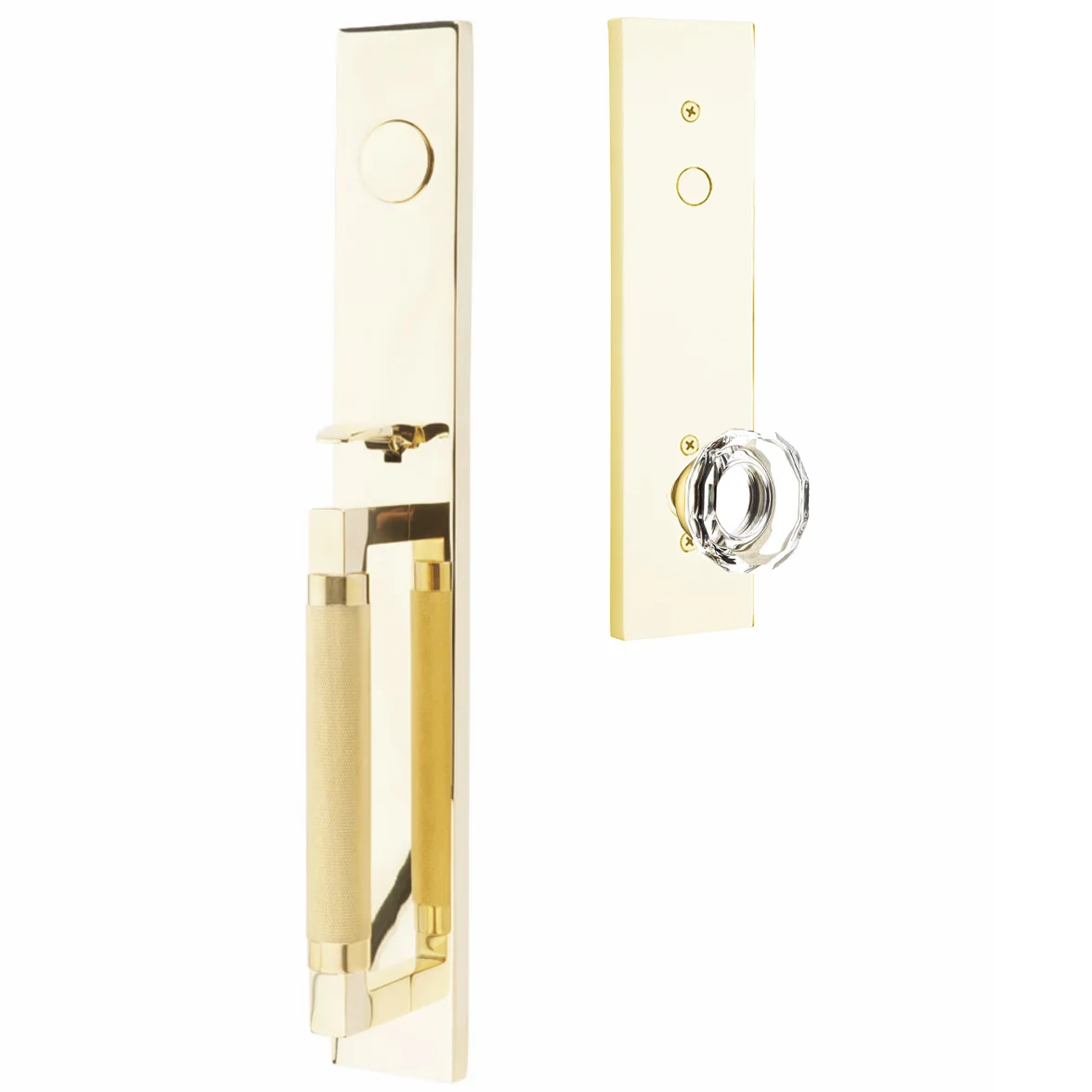 Emtek Hercules Knurled Tubular Entry Set Full Length with Lowell Glass Knob