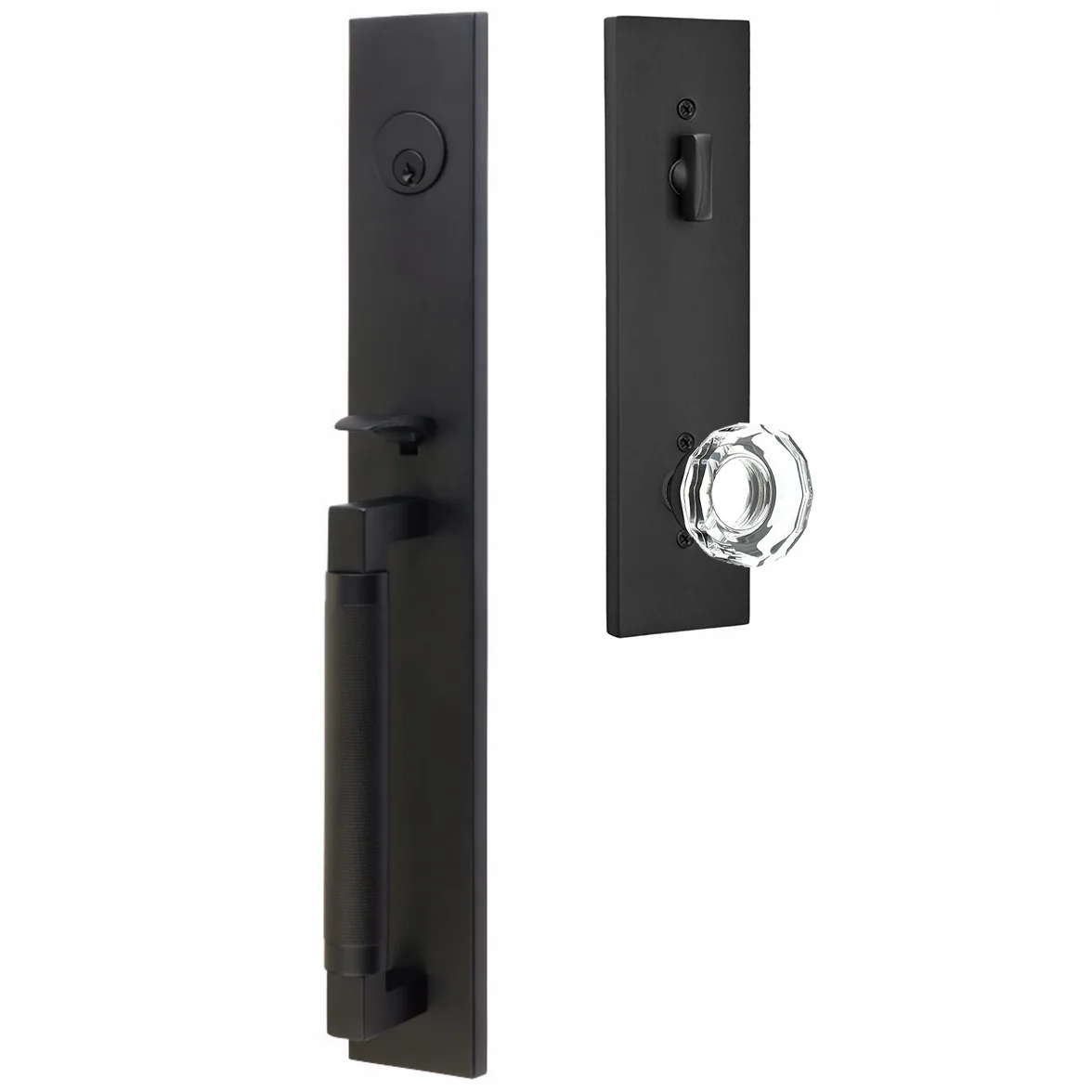 Emtek Hercules Knurled Tubular Entry Set Full Length with Lowell Glass Knob