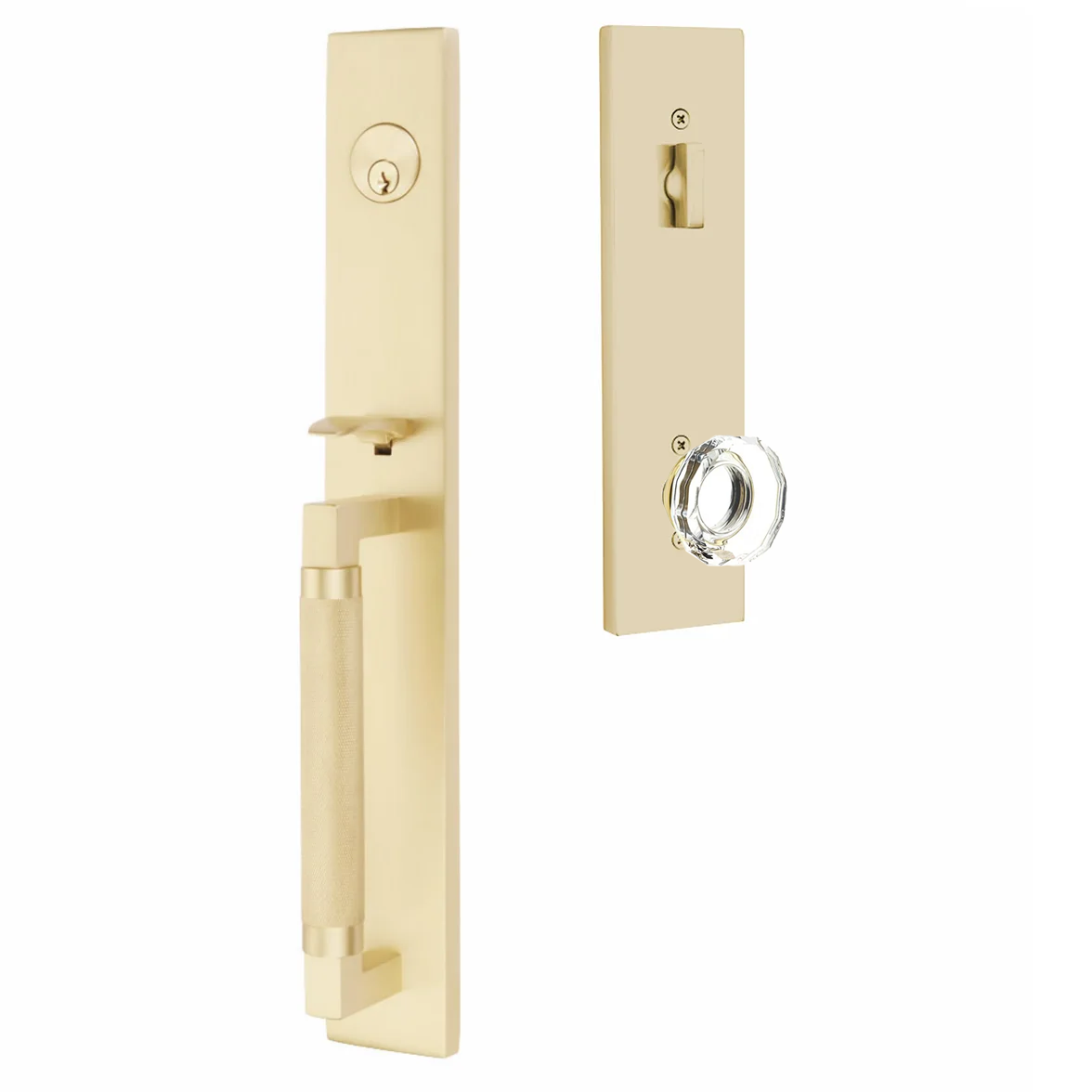 Emtek Hercules Knurled Tubular Entry Set Full Length with Lowell Glass Knob