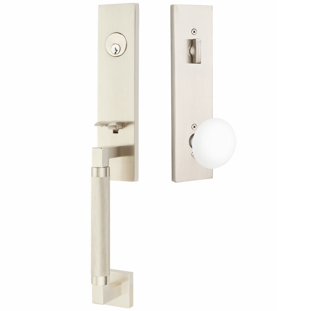 Emtek Hercules Knurled Tubular Entry Set Sectional with Ice White Porcelain Knob