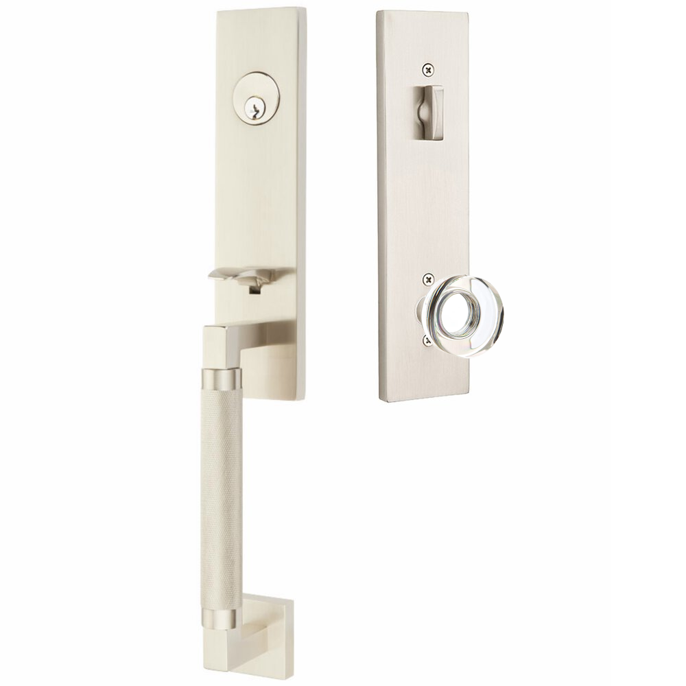 Emtek Hercules Knurled Tubular Entry Set Sectional with Modern Disc Glass Knob