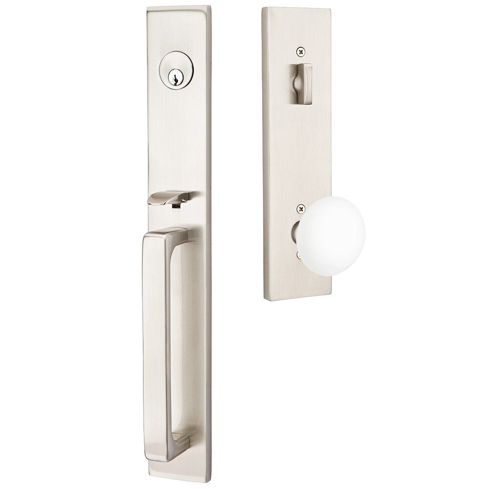Emtek Lausanne Tubular Entryset Full Length with Ice White Porcelain Knob