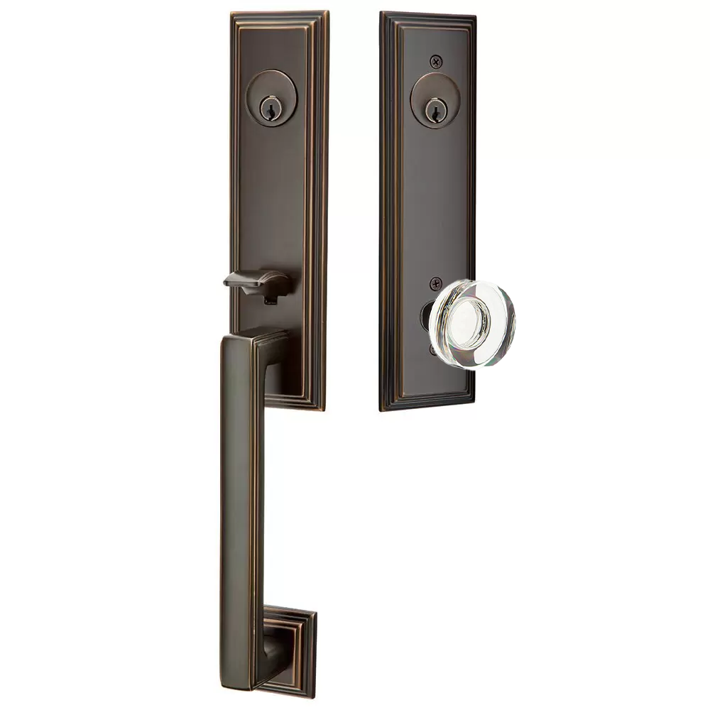 Emtek Wilshire Tubular Entryset Monolithic with Modern Disc Glass Knob