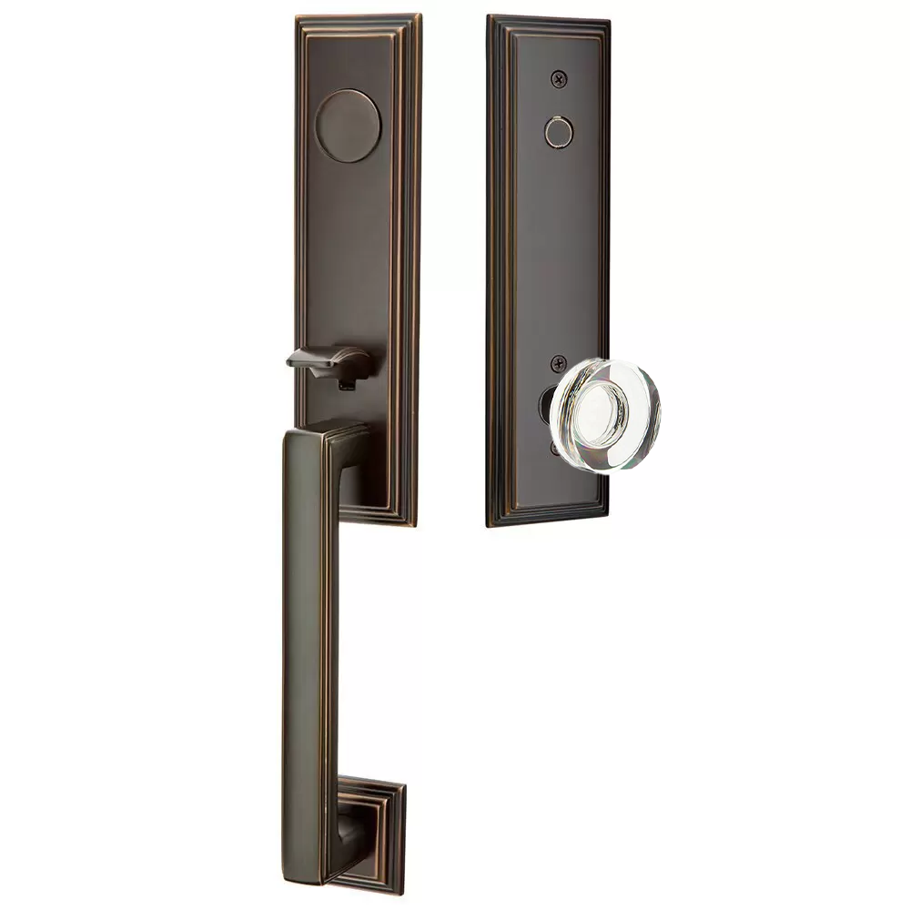 Emtek Wilshire Tubular Entryset Monolithic with Modern Disc Glass Knob