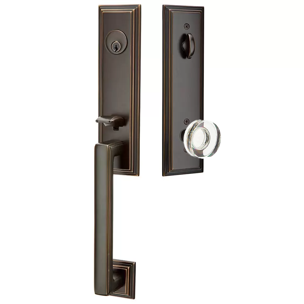 Emtek Wilshire Tubular Entryset Monolithic with Modern Disc Glass Knob