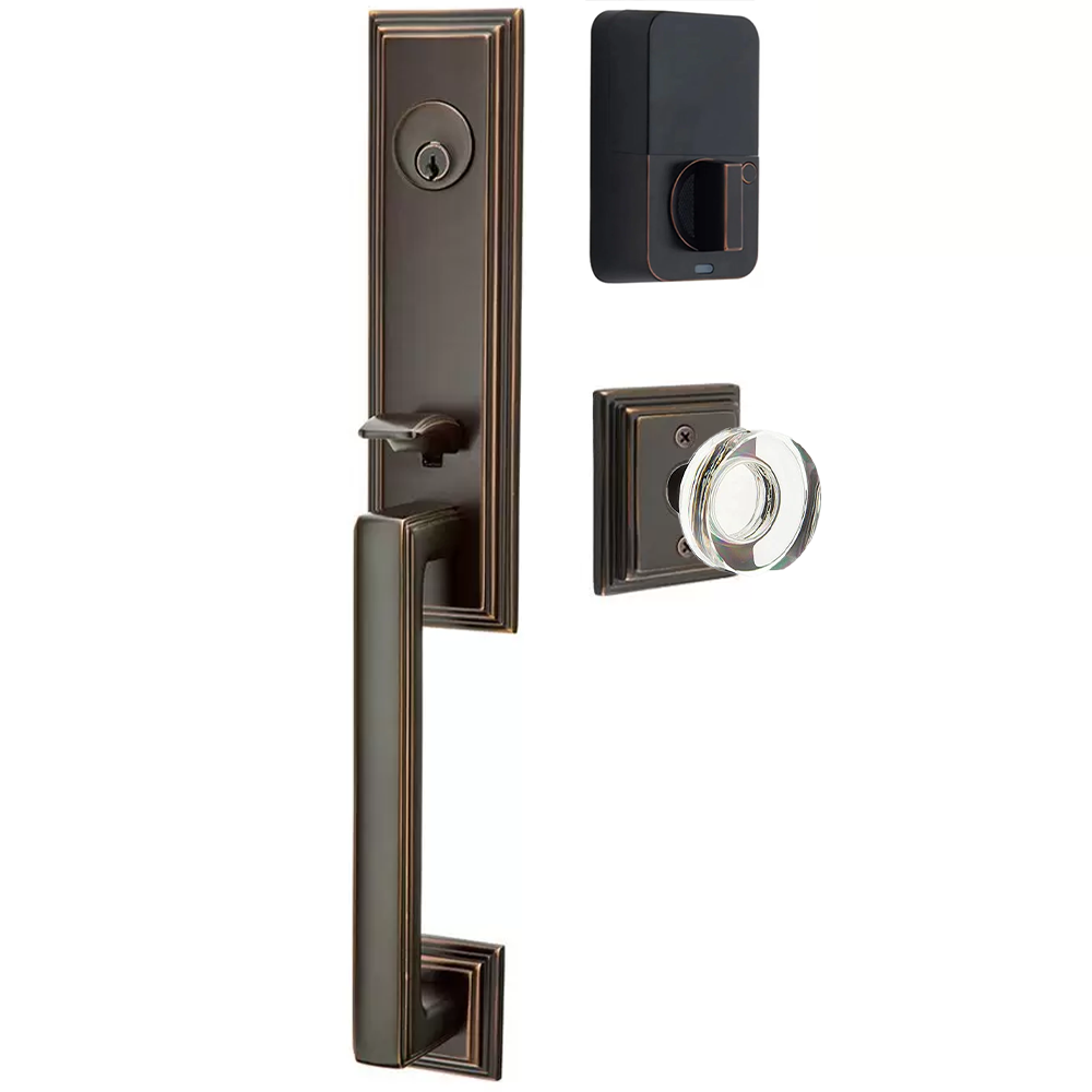 Emtek Wilshire Tubular Entryset Monolithic with Modern Disc Glass Knob