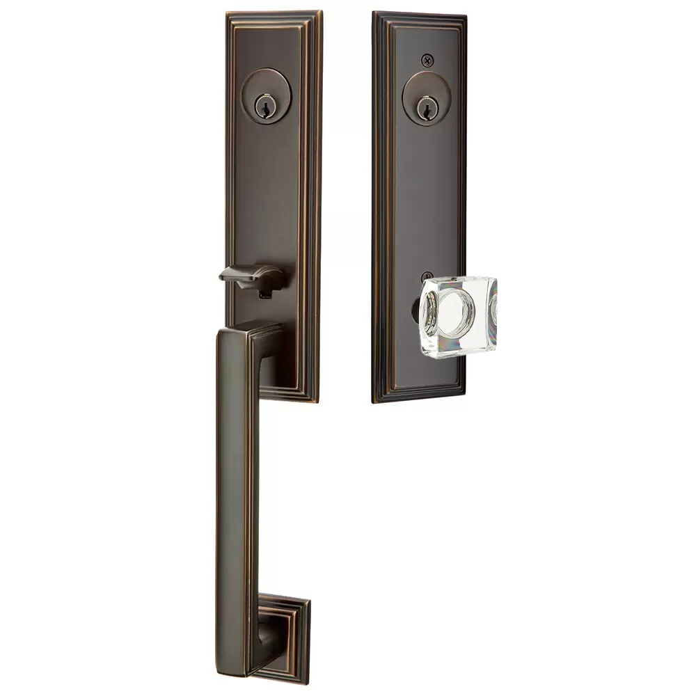 Emtek Wilshire Tubular Entryset Monolithic with Modern Square Glass Knob