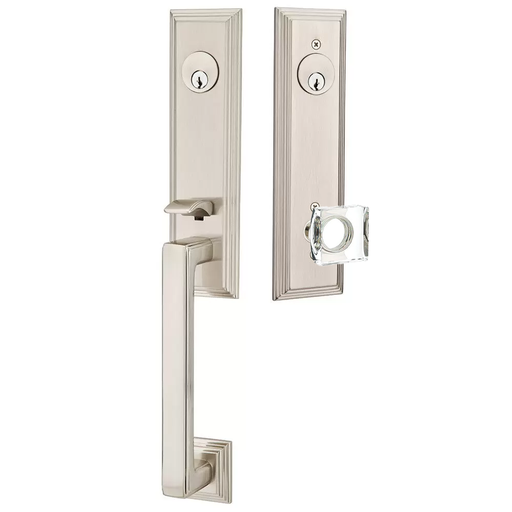 Emtek Wilshire Tubular Entryset Monolithic with Modern Square Glass Knob