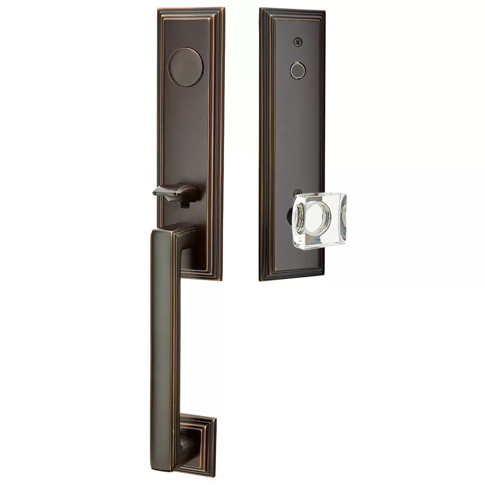Emtek Wilshire Tubular Entryset Monolithic with Modern Square Glass Knob