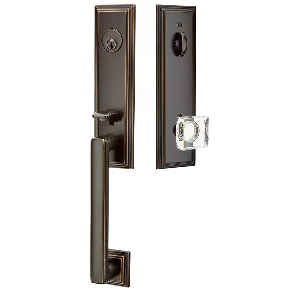 Emtek Wilshire Tubular Entryset Monolithic with Modern Square Glass Knob