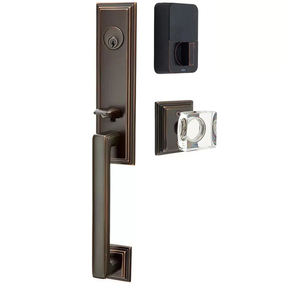 Emtek Wilshire Tubular Entryset Monolithic with Modern Square Glass Knob