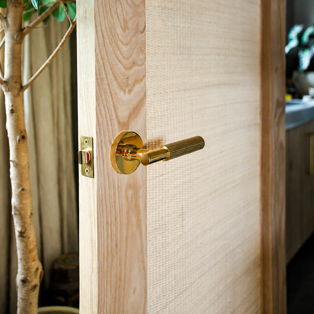 A polished brass passage lever with a fluted grip on a round rosette, mounted on a light oak door with the brass latch faceplate visible on the open door edge.