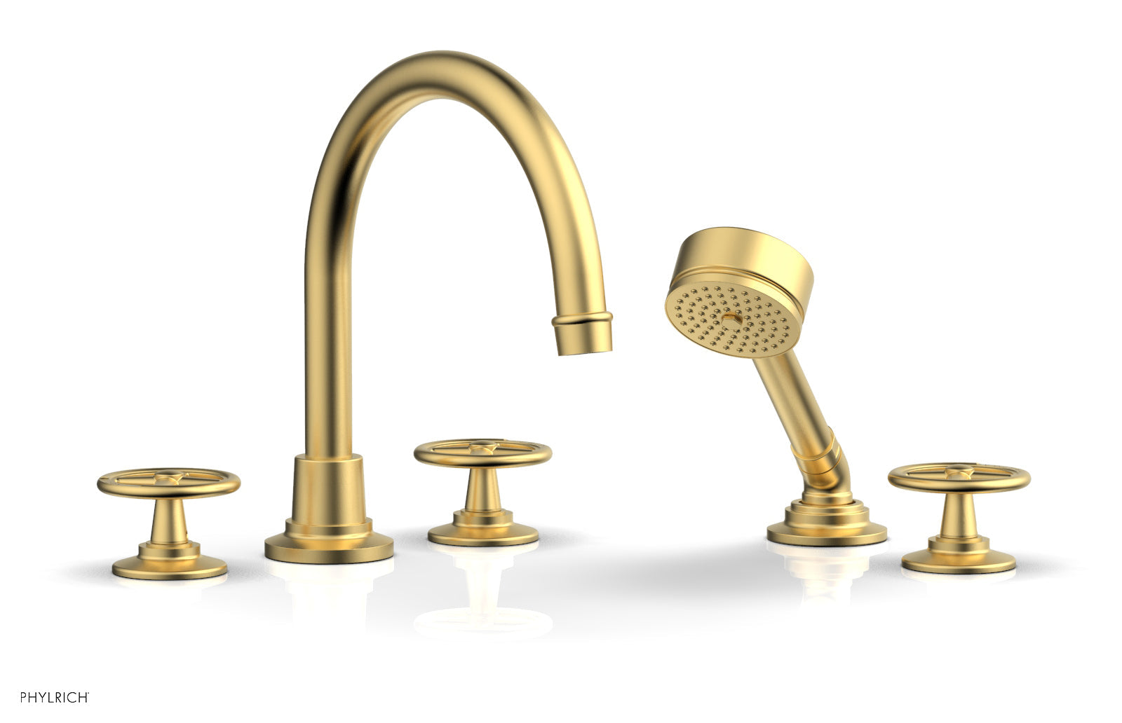 WORKS Deck Tub Set with Hand Shower   High Spout Cross Handles by Phylrich - Burnished Gold