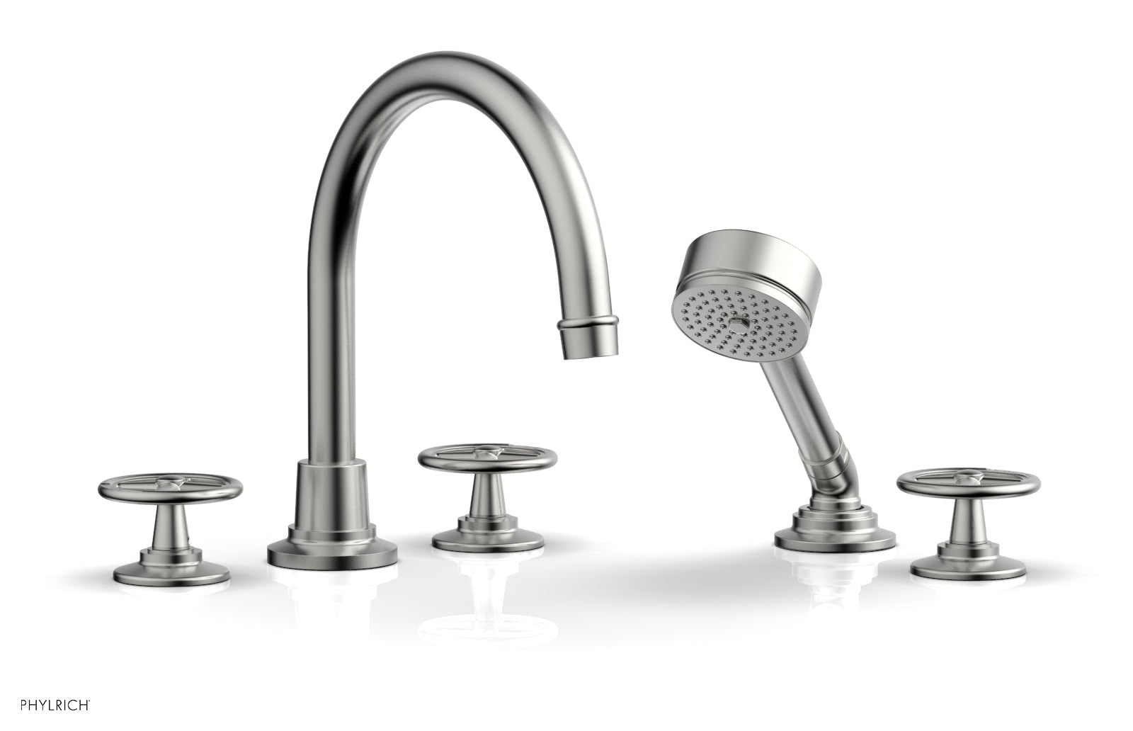 WORKS Deck Tub Set with Hand Shower   High Spout Cross Handles by Phylrich - Satin Chrome