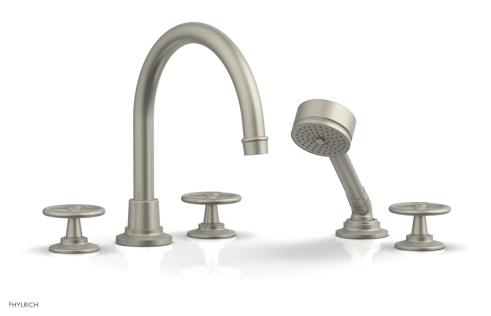 WORKS Deck Tub Set with Hand Shower   High Spout Cross Handles by Phylrich - Burnished Nickel