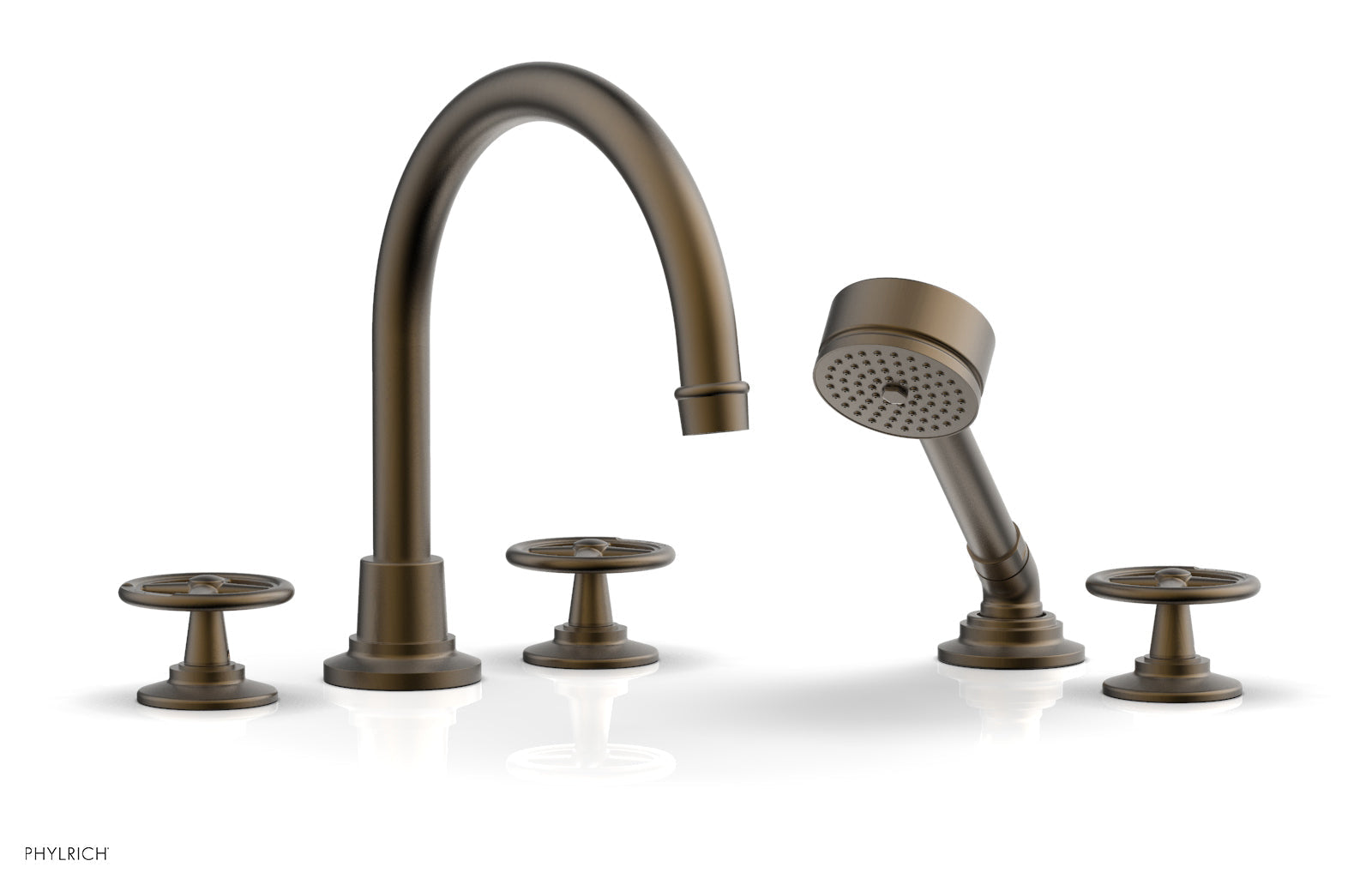 WORKS Deck Tub Set with Hand Shower   High Spout Cross Handles by Phylrich - Old English Brass