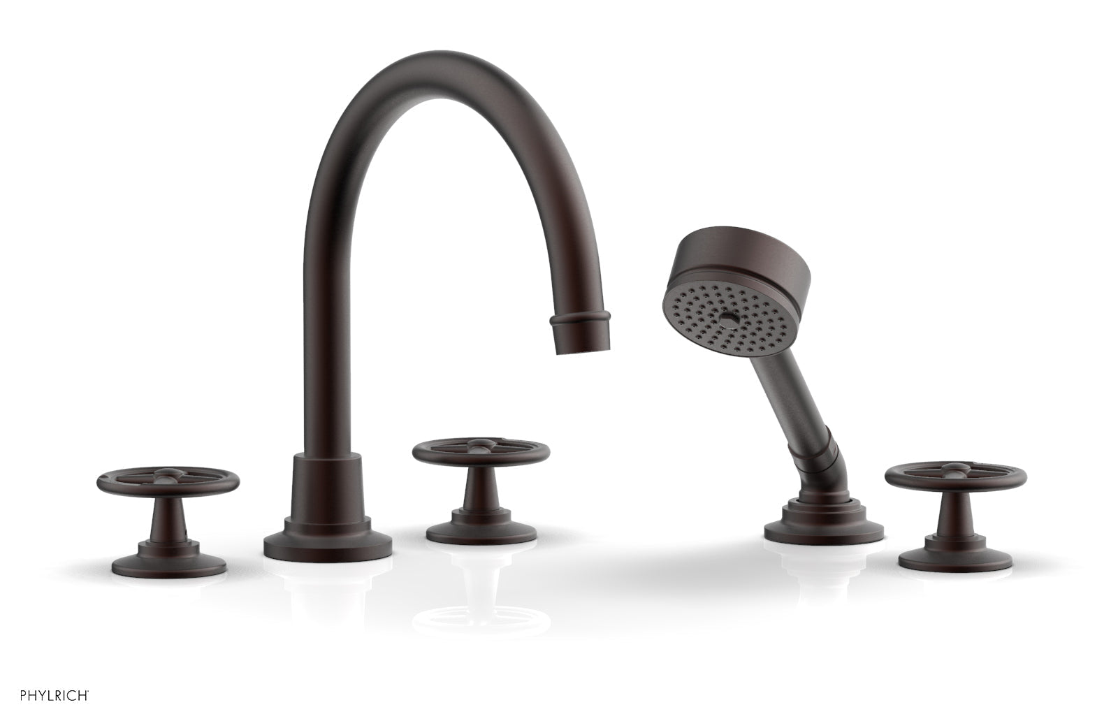 WORKS Deck Tub Set with Hand Shower   High Spout Cross Handles by Phylrich - Weathered Copper