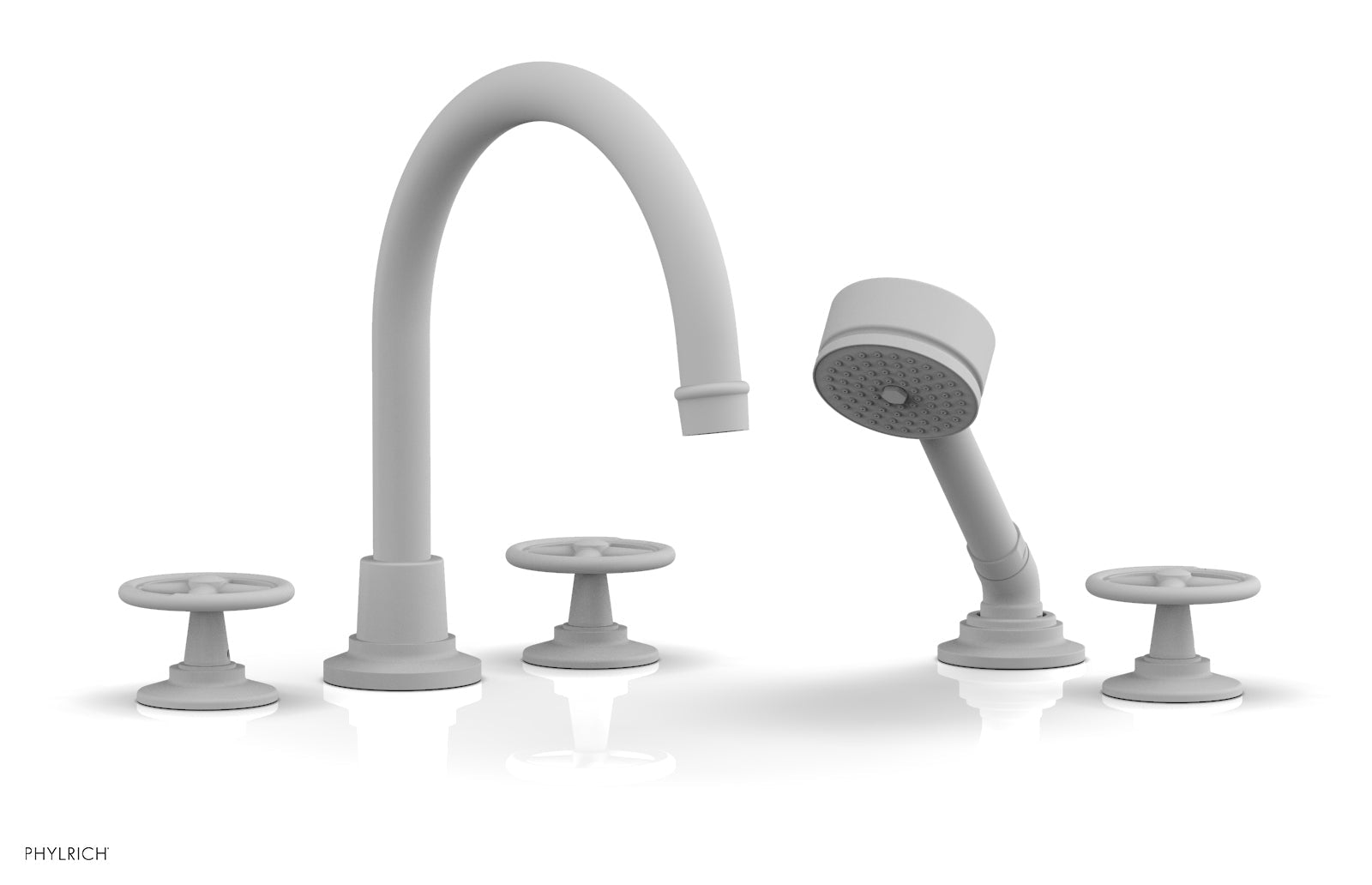 WORKS Deck Tub Set with Hand Shower   High Spout Cross Handles by Phylrich - Satin White