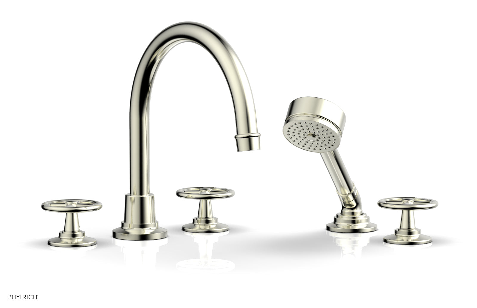 WORKS Deck Tub Set with Hand Shower   High Spout Cross Handles by Phylrich - Satin Nickel