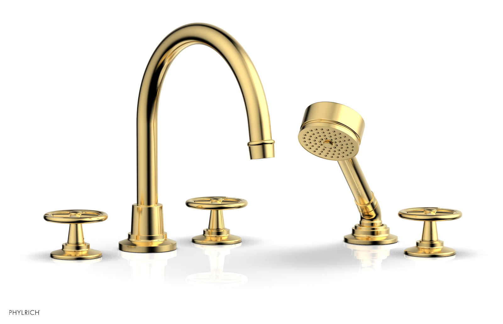 WORKS Deck Tub Set with Hand Shower   High Spout Cross Handles by Phylrich - Satin Gold