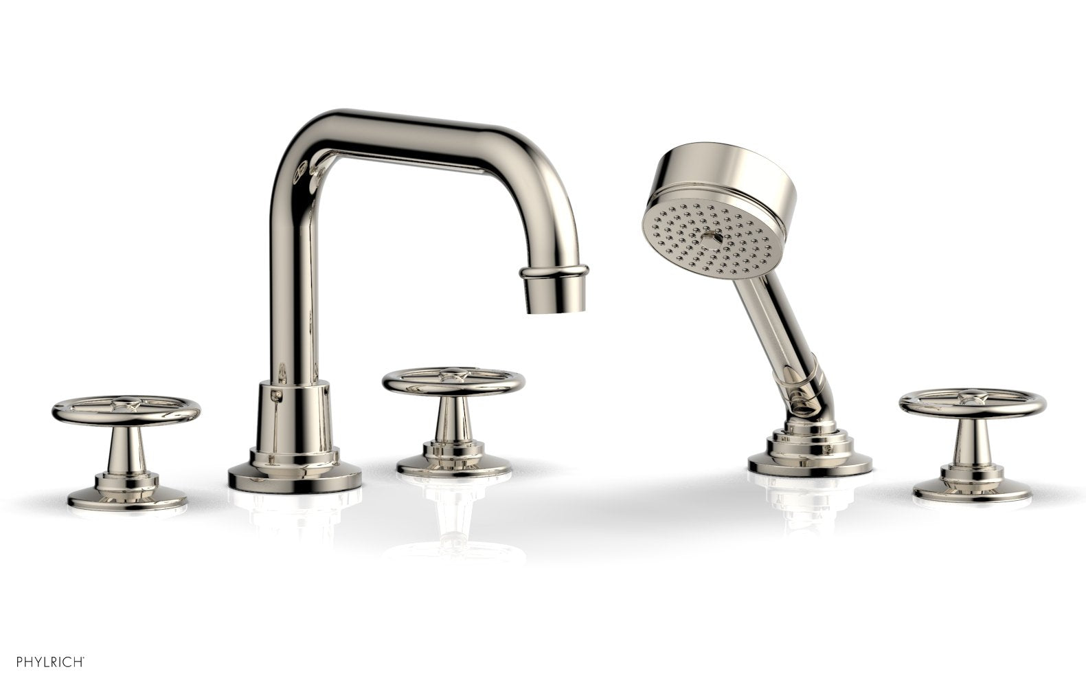 WORKS Deck Tub Set with Hand Shower   Cross Handles by Phylrich - Satin Nickel