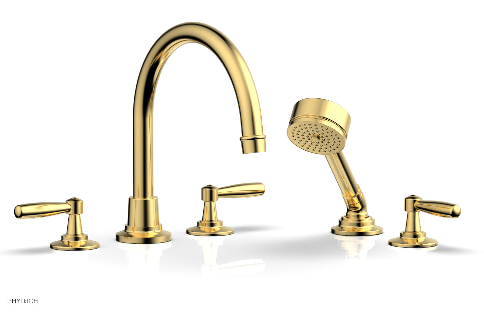 WORKS Deck Tub Set with Hand Shower   High Spout Lever Handles by Phylrich - Satin Gold